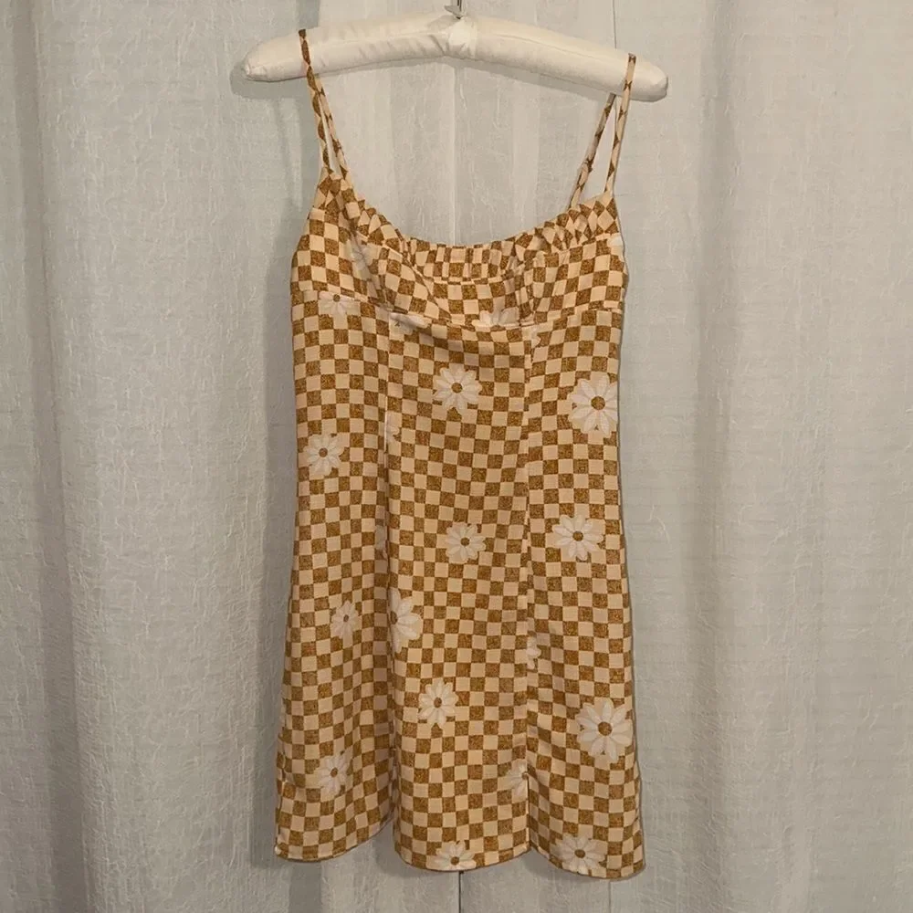 UO XS Lumi Daisy Gold Beige Check Print Spaghetti Strap Mini Bodycon Dress